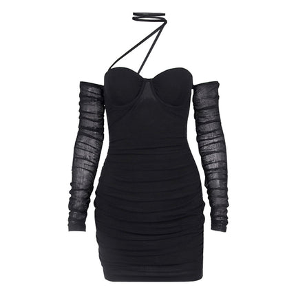 Fall One-Line Neck Pleated See-Through Bra Short Dress