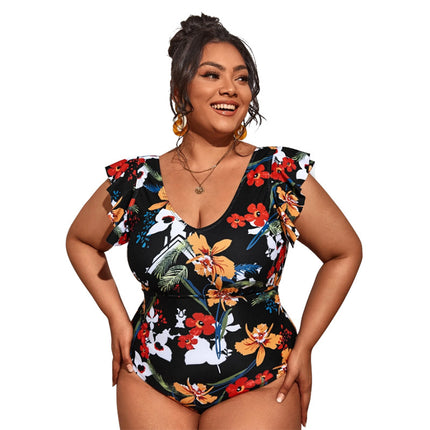 Wholesale Women's Plus Size Wide Strap One-Piece Bikini Print Swimsuit