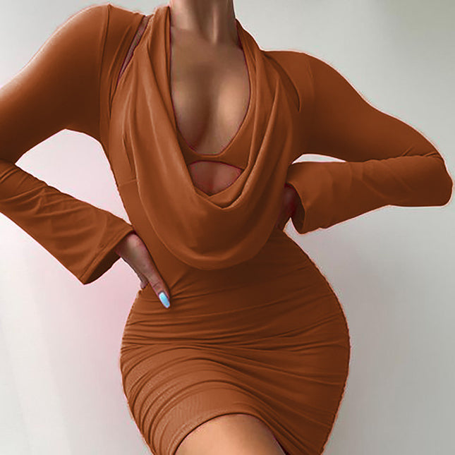 Herbst-Neckholder-Kleid Sexy Mesh-Plissee-Hüftkleid
