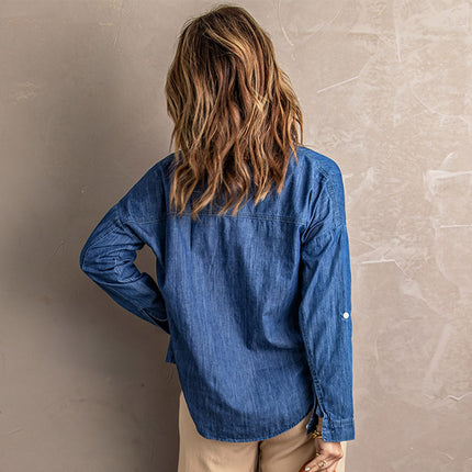 Fall Double Pocket Long Sleeve Women's Denim Shirt Jacket