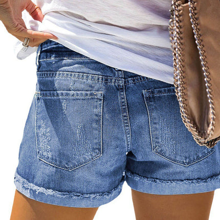 Wholesale Women's Comfortable Casual Washed Frayed Denim Shorts