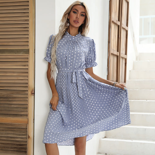 Wholesale Women's Short Sleeve Polka Dot Tie Pleated Mid Length Dress