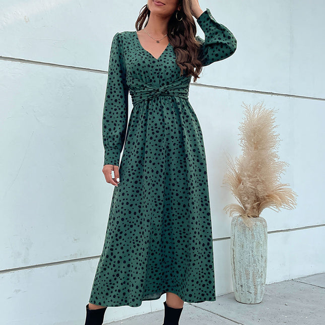Wholesale Women's Spring V Neck Long Sleeve Knotted Leopard Print Dress