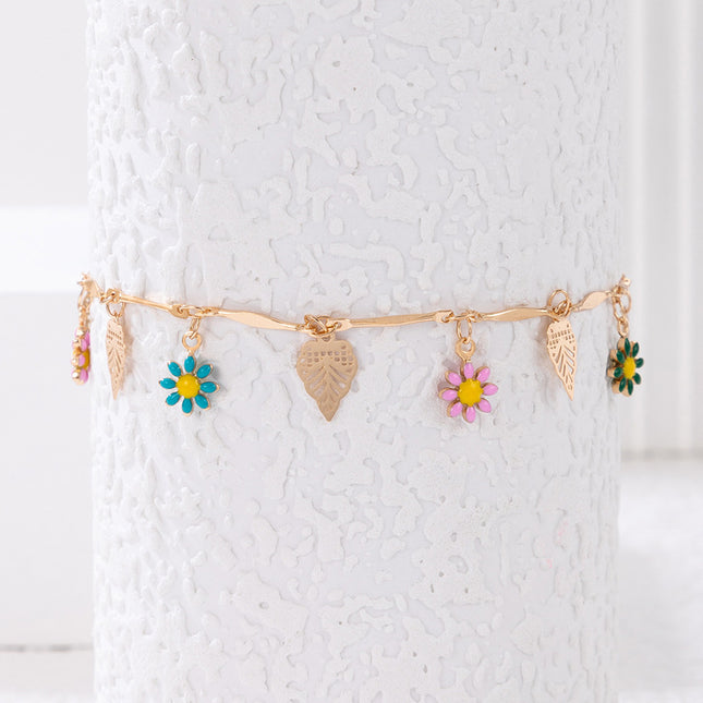 Colorful Oil Drip Flowers and Leaves Single Layer Anklet