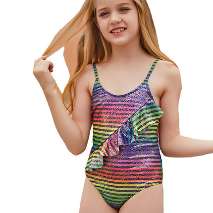 Einteiliger rückenfreier Badeanzug für Kinder, gestreifte Rüschen, Mädchen-Badebekleidung