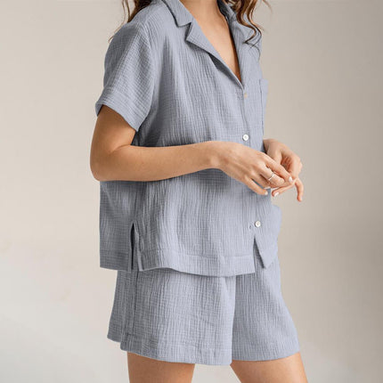 Wholesale Ladies Casual Cotton Crepe Short Sleeve Shirt Shorts Two Piece Set