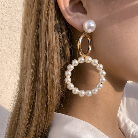 Female Simple Metal Large Hoop Pearl Stud Earrings