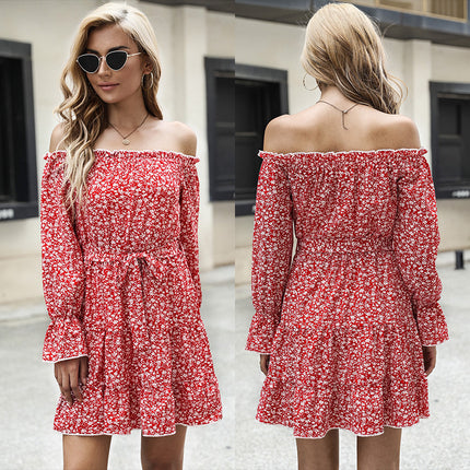 Wholesale Ladies Fall Winter Floral Off-Shoulder Flared Dress