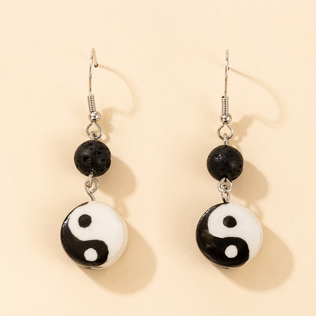 Drip Oil Simple Black Ball Contrast Color Black and White Tai Chi Gossip Alloy Earrings
