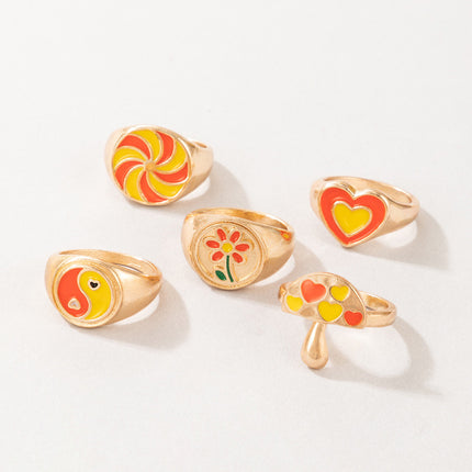Drip Oil Ring Orange Love Tai Chi Mushroom Flower Pastoral Style 6-Piece Ring Set