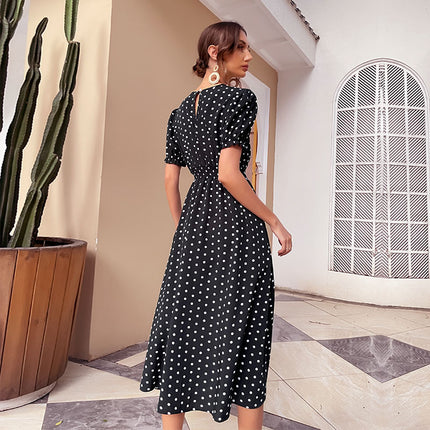 Wholesale Women's Retro Black Waisted Polka Dot Mid Length Dress