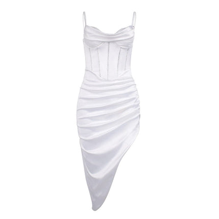Women's Summer Sexy Fashion Rhinestone Fold High Slit Sling Dress