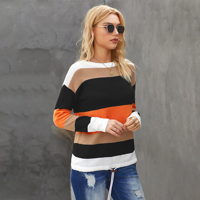 Wholesale Women's Striped Stitching Round Neck Casual Knit Top