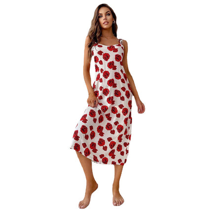 Wholesale Ladies Pajamas Rose Print Long Spring Summer Sling Nightdress