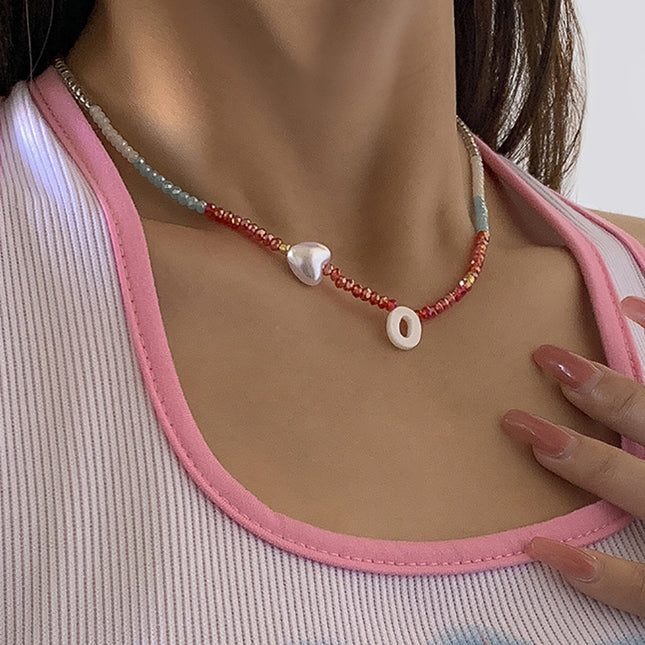 Peach Heart Pearl Colorful Crystal Beaded Clavicle Necklace