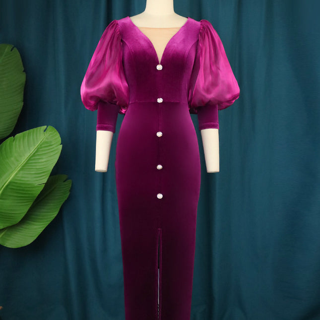 Laternen-Hülsen-Schlitz-Kleid V-Ausschnitt-Kleid der Großhandelsherbst-Frauen