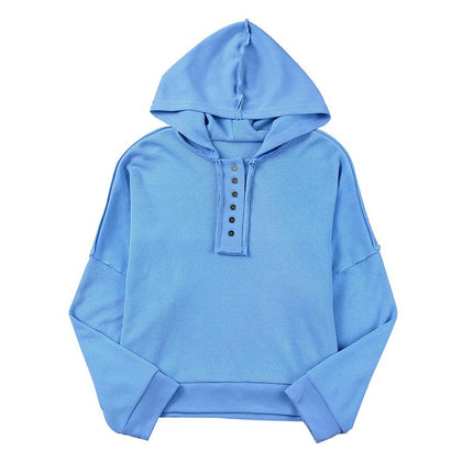 Solid Color Button Raw Edge Loose Fashion Pullover Hoodie