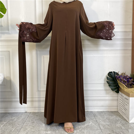 Wholesale Muslim Ladies Solid Color Floral Lace Zipper Dress