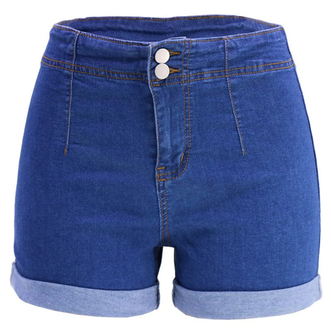 Pantalones cortos de mezclilla lavados de cintura alta de algodón azul primavera para mujer