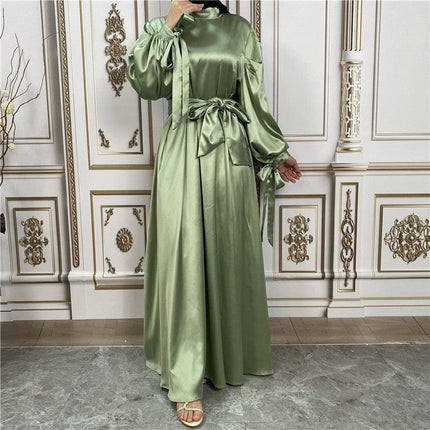 Women's Solid Color Thick Satin Sleeve Muslim Cardigan Dress