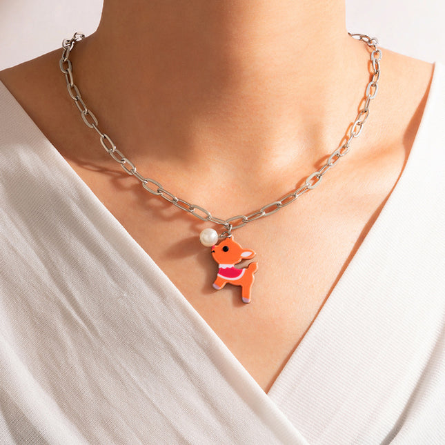 Wholesale Cute Cartoon Pearl Resin Fawn Single Layer Necklace