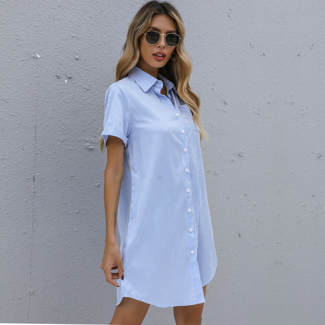 Wholesale Women's Fashion Short Sleeve Lapel Stripe Shirt Dress