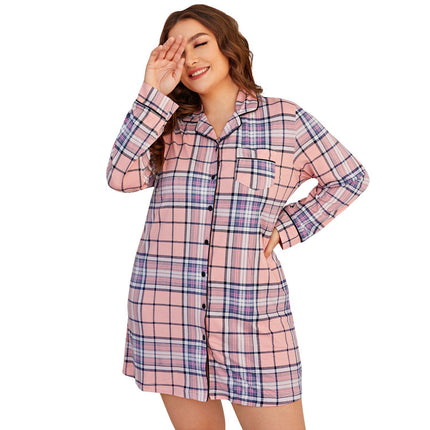Spring Summer Plus Size Pajama Dress Ladies Long Sleeve Cardigan Plaid Nightdress