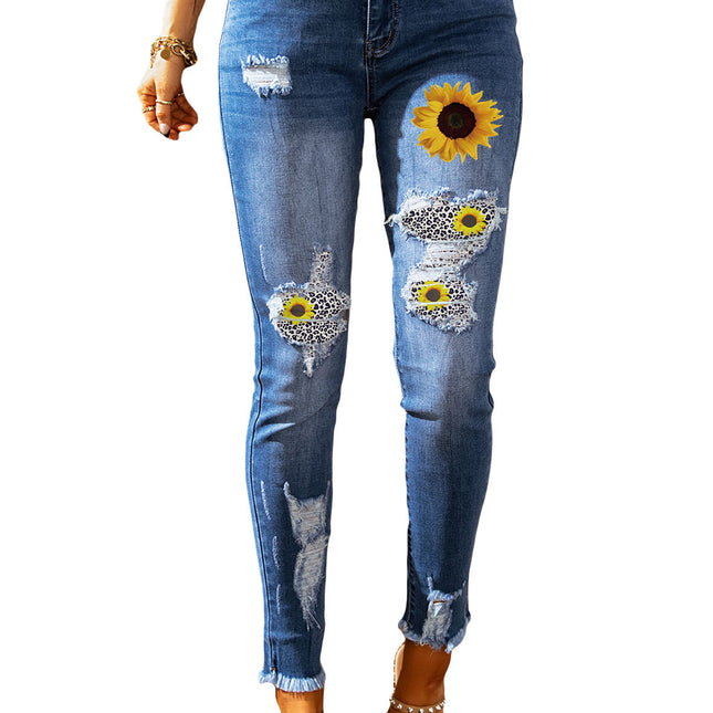 Wholesale Women's Distressed Printed High Waist Jeans Pants