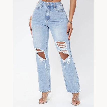 Jeans lavados rectos sueltos de cintura alta para mujer
