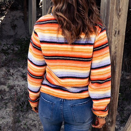 Striped Lapel Long Sleeve Casual Plush Pullover Sweatshirt Hoodies