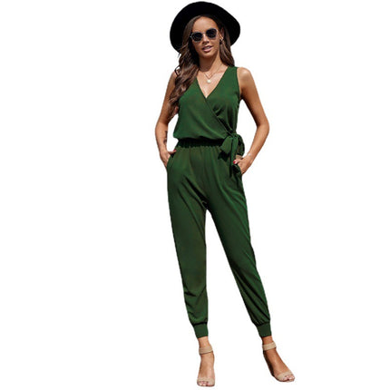 Wholeslae Women's Solid Color V Neck Tie Sleeveless Wrap Tank Jumpsuit
