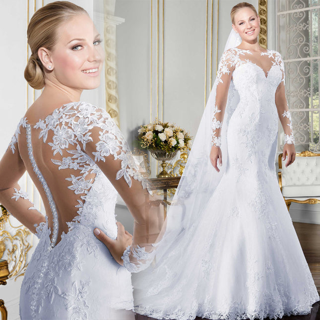 Braut langärmliges Doppelschulter-Spitze-Meerjungfrau-Hochzeitskleid