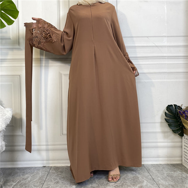 Vestido de cremallera de encaje floral de color sólido para damas musulmanas al por mayor