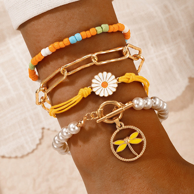Colorful Bead Dragonfly Daisy String Pearl Bracelet