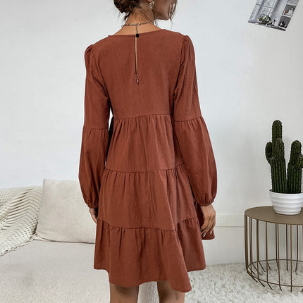 Wholesale Women's Pleated Skirt Long Sleeve Cotton Linen Cake Dress
