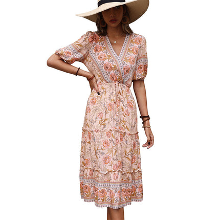 Wholesale Ladies Summer Printed Skirt V Neck Midi Bohemian Dress