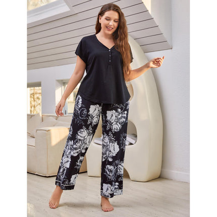 Wholesale Ladies Plus Size Pajamas Artificial Cotton Short Sleeve Trousers Homewear Set