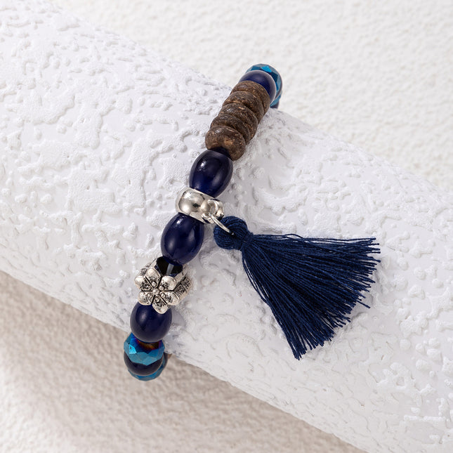 Sapphire Blue Beaded Tassel Vintage Flower Single Layer Bracelet