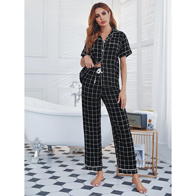 Loungewear Plaid Cardigan Short Sleeve Trousers Pajama Set