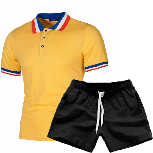 Kurzärmliges Poloshirt-Shorts-Set mit Rippnähten am Revers für Herren