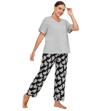 Wholesale Plus Size Ladies Pajamas Short Sleeve Top Trousers Homewear Set