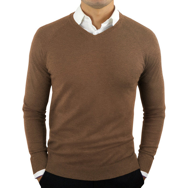 Wholesale Men's Fall Winter V Neck Solid Color Long Sleeve T-Shirt Top