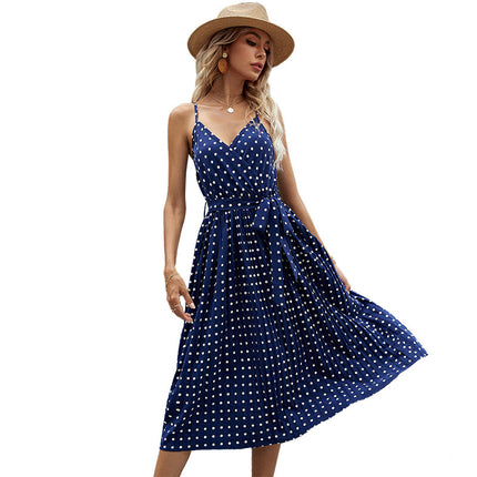 Wholesale Ladies Summer Bowknot Polka Dot Suspender Pleated Dress