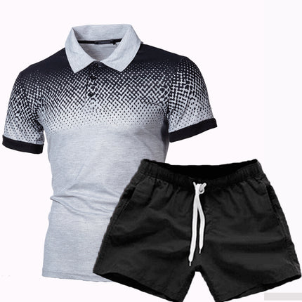 Wholesale Men's Spring Fall Gradient 3D Printed Lapel Polo Shirt Shorts Two Piece Set