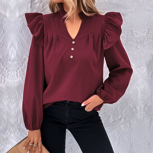 Wholesale Ladies Spring Summer Red Ruffle Long Sleeve Shirt