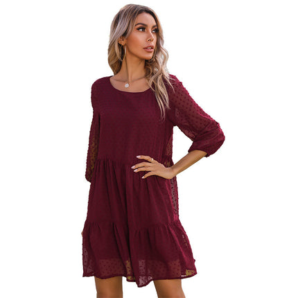Wholesale Women's Fall Round Neck Stitching Short Sleeve Ruched Dress