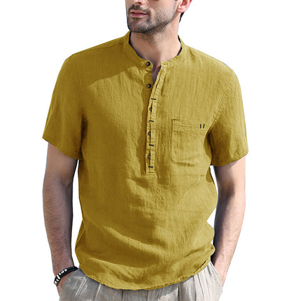 Einfarbiges Kurzarm-Baumwoll-Leinen-Hemd mit Taschen für Herren