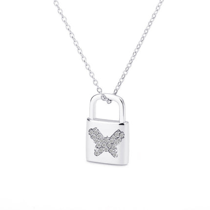 Creative Lock Pendant Necklace Rhinestone Butterfly Clavicle Chain