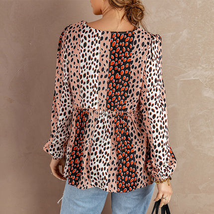 Women's Leopard Print Long Sleeve Casual Loose Round Neck T-Shirt