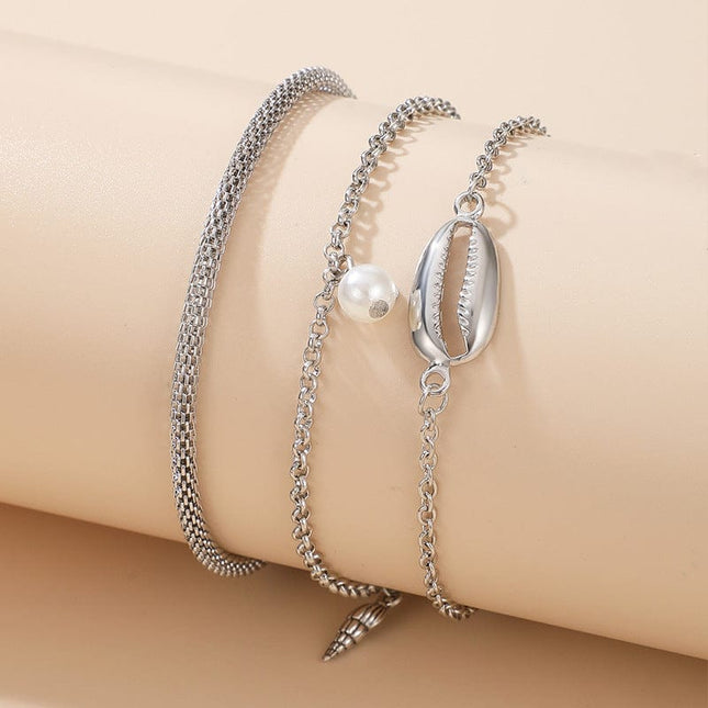 Shell Conch Pearl Snake Bone Chain Anklet Three-Piece Set
